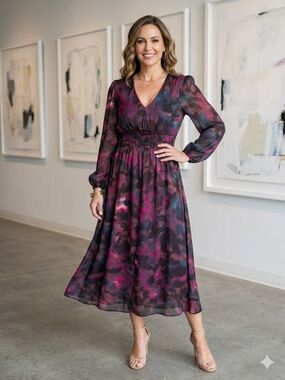 sofia by sofia vergara Plum Multi V-Neck long sleeve Midi Dress medium